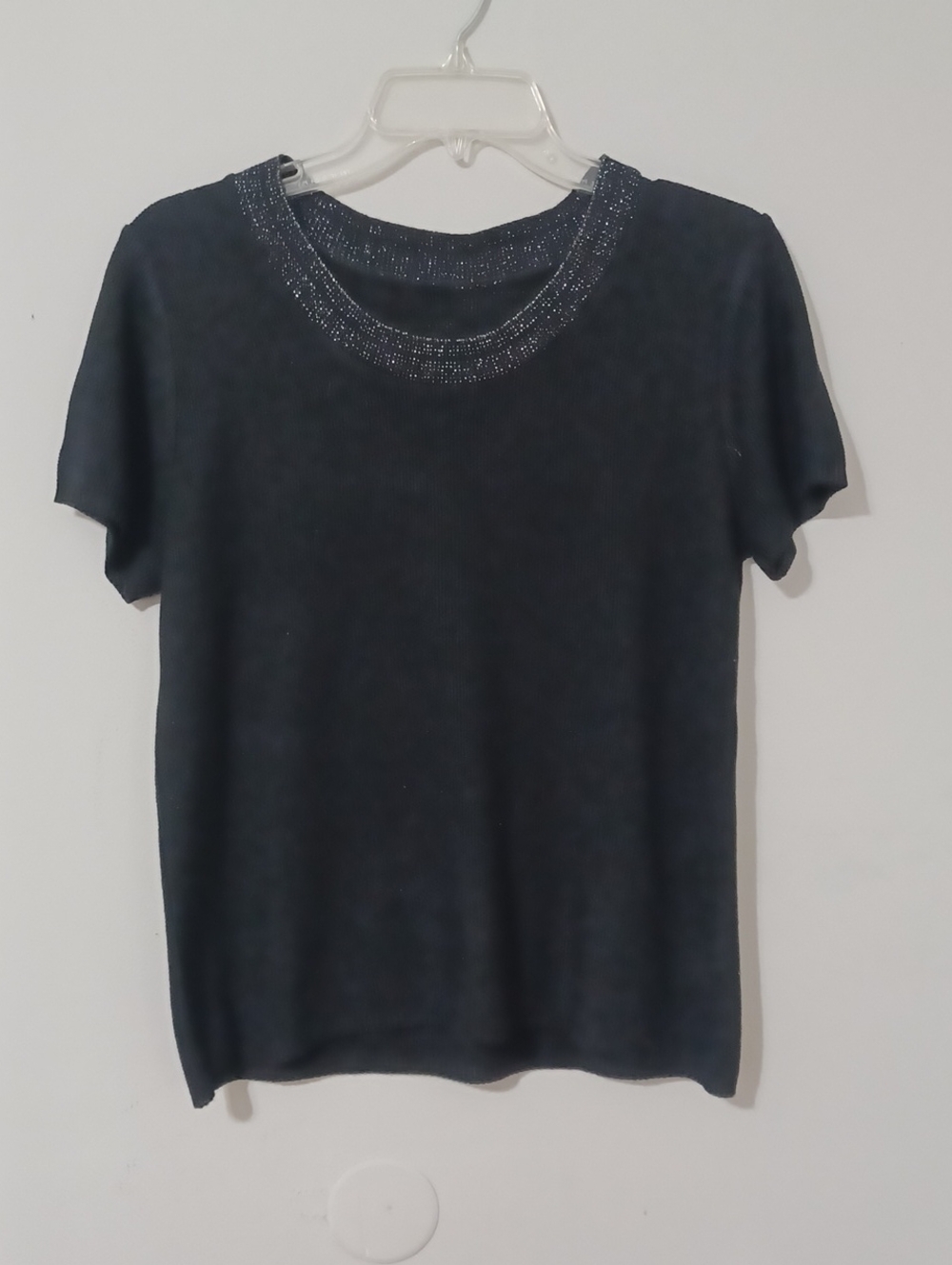 Black Rayon Crew Neck Short Sleeve Top With Silver Thread Embellishment. Medium